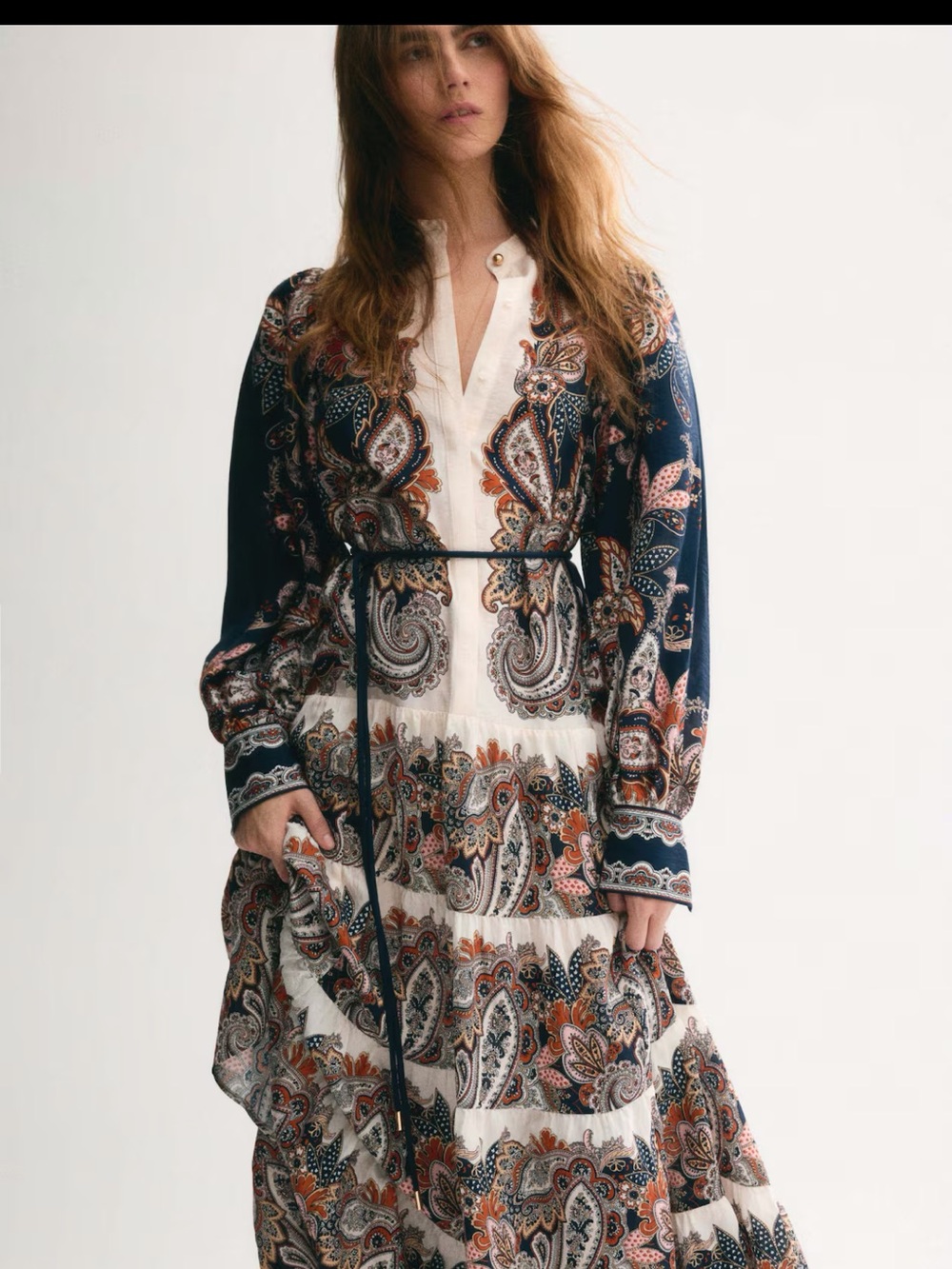 H&M Navy and Cream Paisley Tiered Maxi Dress NWT - Picture 4 of 8